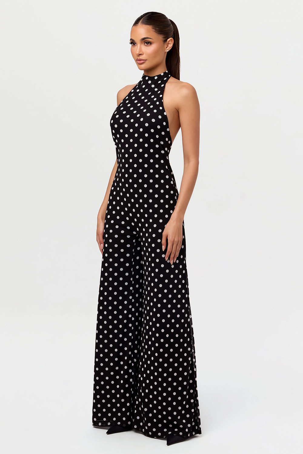 Polka Dot Print Halter Open Back Wide Leg Chiffon Jumpsuit-Black [Pre Order]