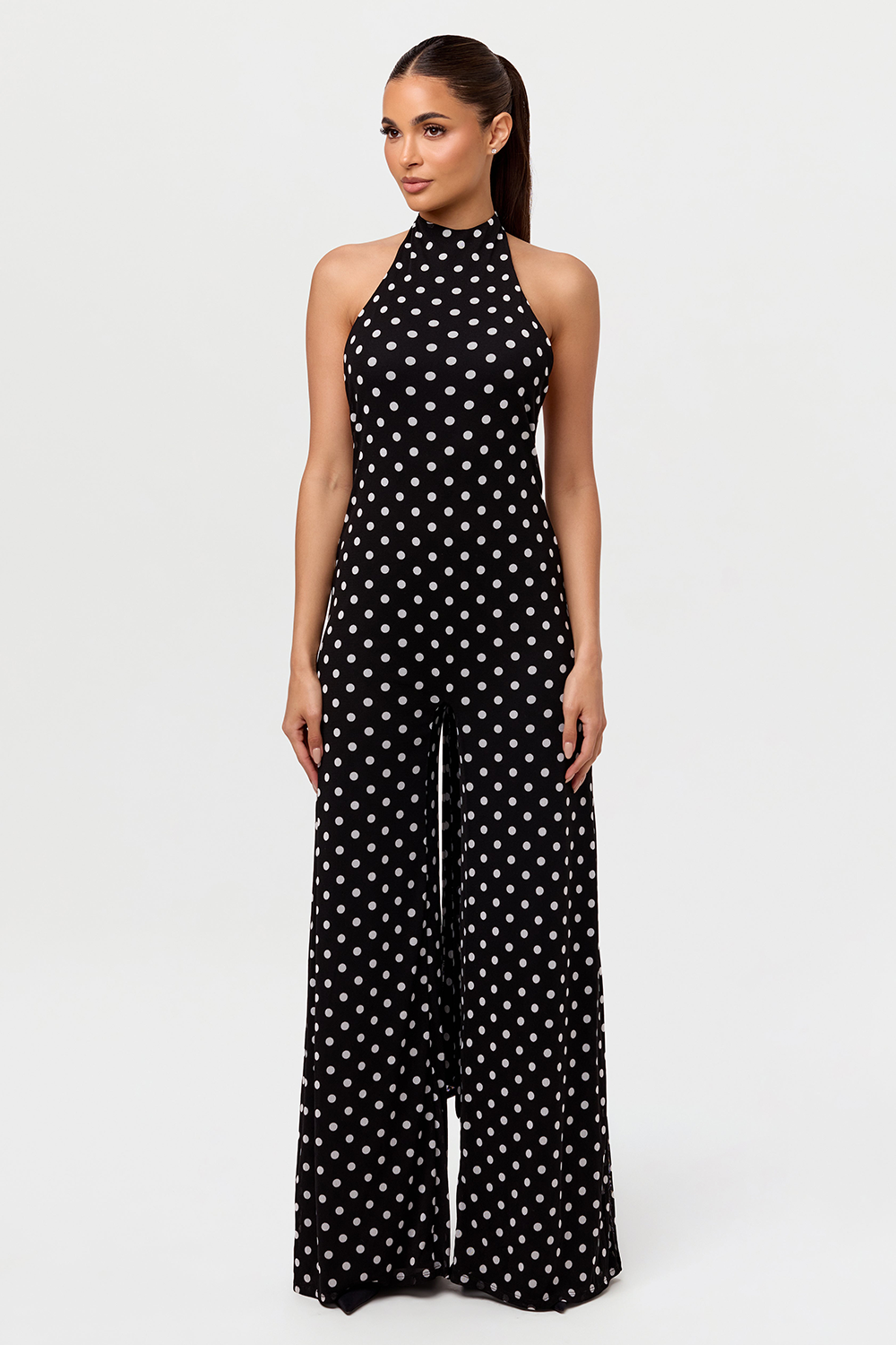 Polka Dot Print Halter Open Back Wide Leg Chiffon Jumpsuit-Black [Pre Order]
