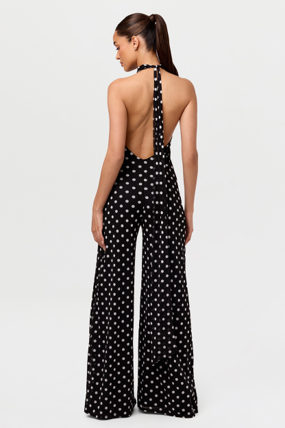 Polka Dot Print Halter Open Back Wide Leg Chiffon Jumpsuit-Black [Pre Order]