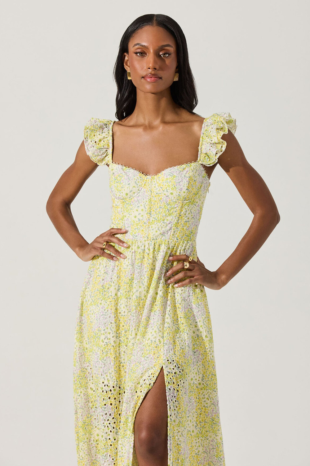 Ruffled Sleeve Corset Eyelet Pattern A-Line Midi Dresses-Yellow [Pre Order]
