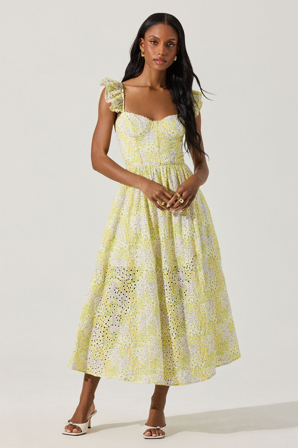 Ruffled Sleeve Corset Eyelet Pattern A-Line Midi Dresses-Yellow [Pre Order]