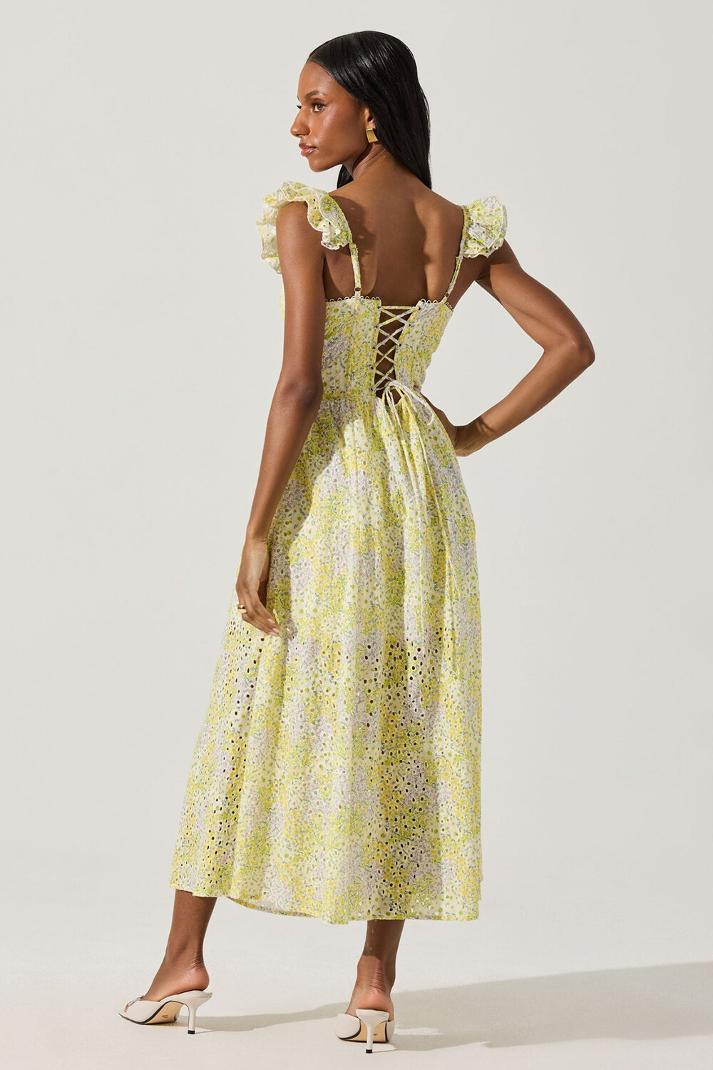 Ruffled Sleeve Corset Eyelet Pattern A-Line Midi Dresses-Yellow [Pre Order]