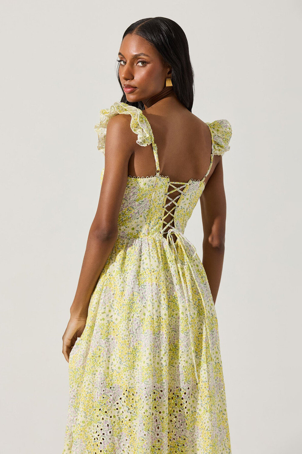 Ruffled Sleeve Corset Eyelet Pattern A-Line Midi Dresses-Yellow [Pre Order]