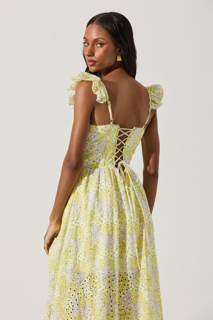 Ruffled Sleeve Corset Eyelet Pattern A-Line Midi Dresses-Yellow [Pre Order]