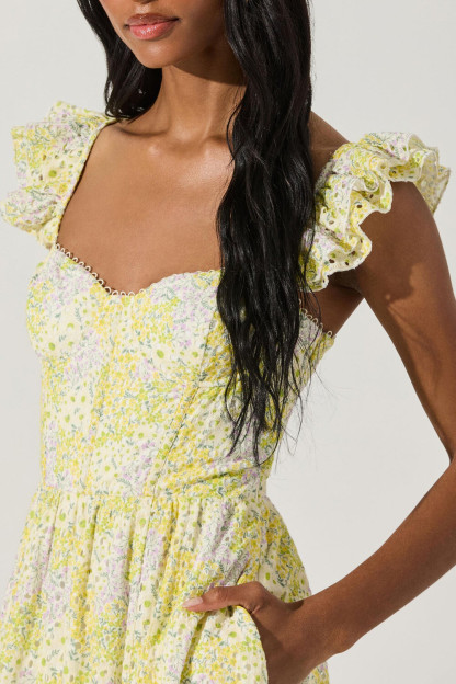 Ruffled Sleeve Corset Eyelet Pattern A-Line Midi Dresses-Yellow [Pre Order]