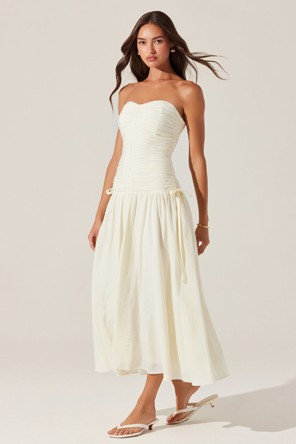 Strapless Ruched Cinch Waist Solid Color Midi Dresses-Ivory [Pre Order]