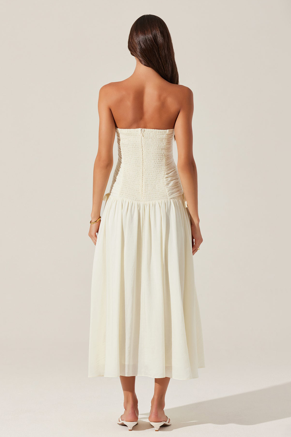Strapless Ruched Cinch Waist Solid Color Midi Dresses-Ivory [Pre Order]