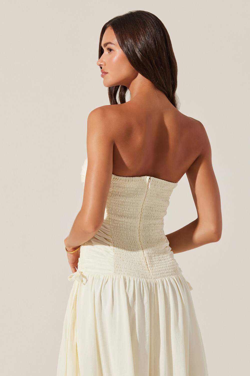 Strapless Ruched Cinch Waist Solid Color Midi Dresses-Ivory [Pre Order]