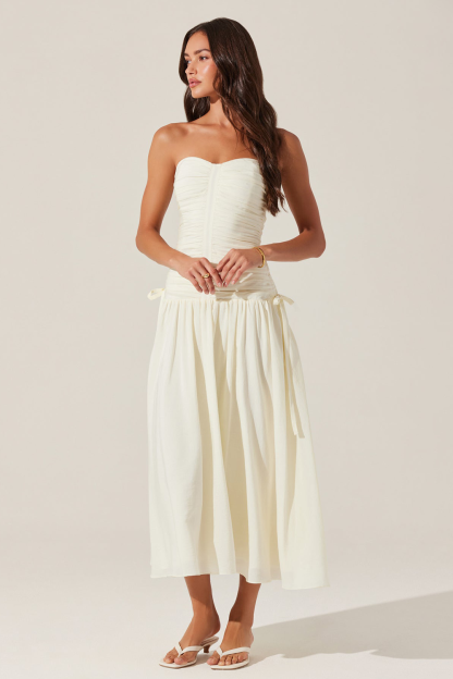 Strapless Ruched Cinch Waist Solid Color Midi Dresses-Ivory [Pre Order]