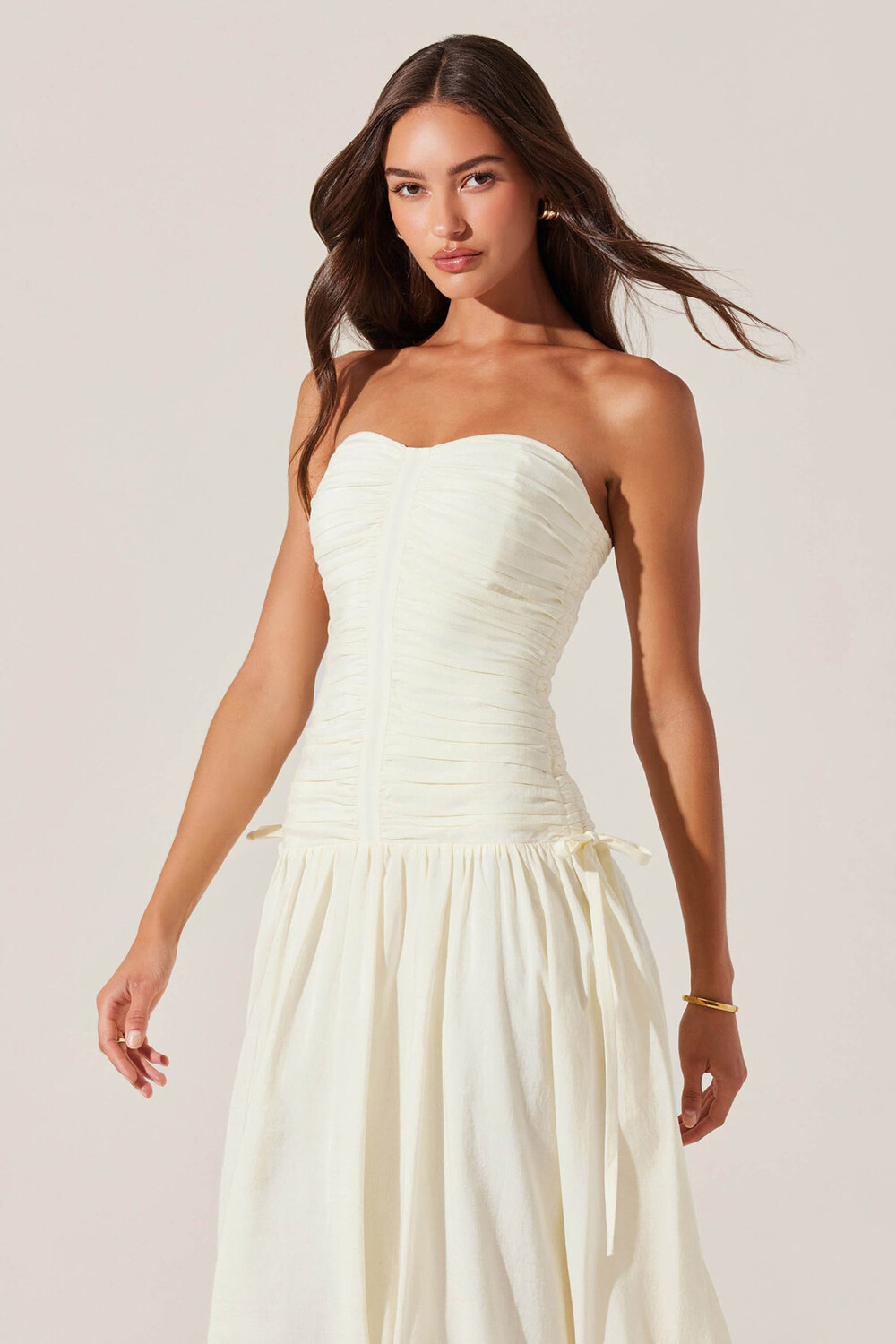Strapless Ruched Cinch Waist Solid Color Midi Dresses-Ivory [Pre Order]