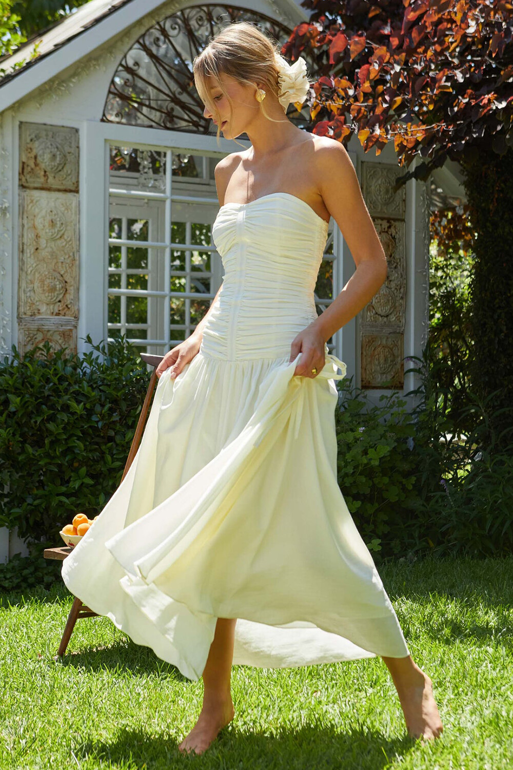 Strapless Ruched Cinch Waist Solid Color Midi Dresses-Ivory [Pre Order]