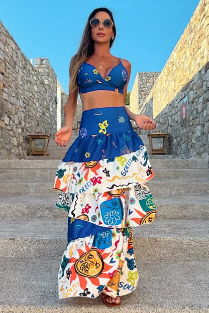Vacation Doodle Print Crop Cami Tiered Maxi Skirt 2pcs Set-Blue