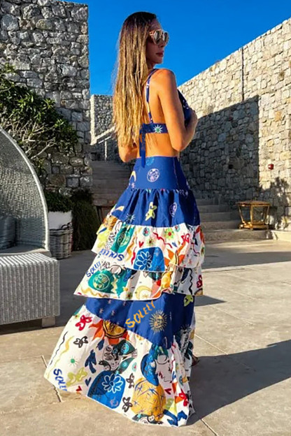 Vacation Doodle Print Crop Cami Tiered Maxi Skirt 2pcs Set-Blue