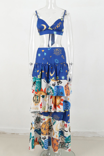 Vacation Doodle Print Crop Cami Tiered Maxi Skirt 2pcs Set-Blue