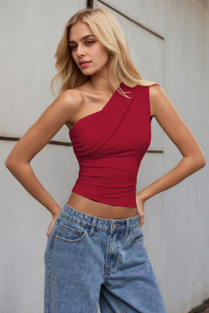 One Shoulder Sleeveless Solid Color Ruched Crop Top-Beige