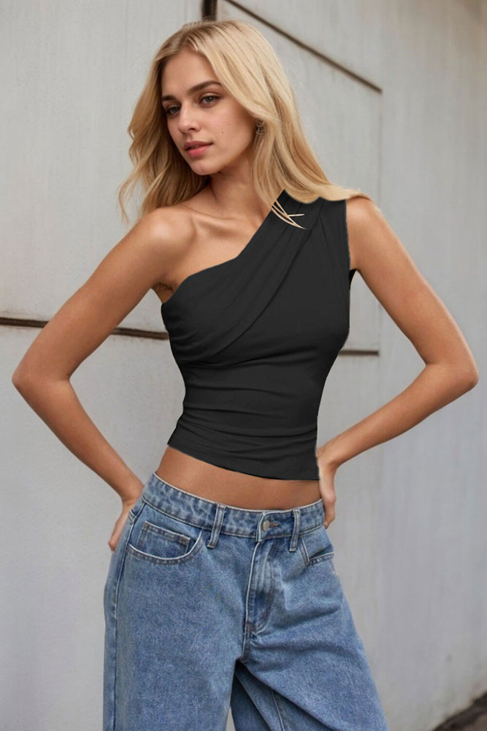 One Shoulder Sleeveless Solid Color Ruched Crop Top-Beige