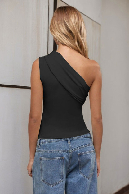 One Shoulder Sleeveless Solid Color Ruched Crop Top-Beige