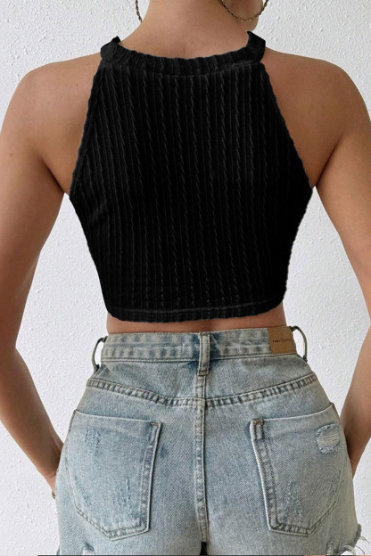 Round Neck Sleeveless Hollow Out Pattern Fringed Textured Crop Top-White