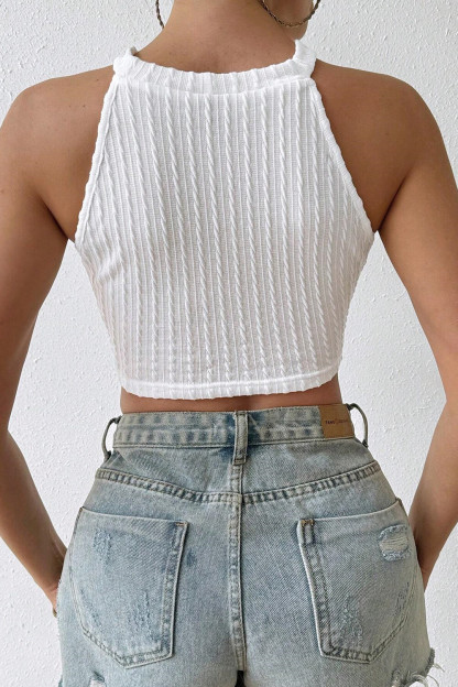 Round Neck Sleeveless Hollow Out Pattern Fringed Textured Crop Top-White