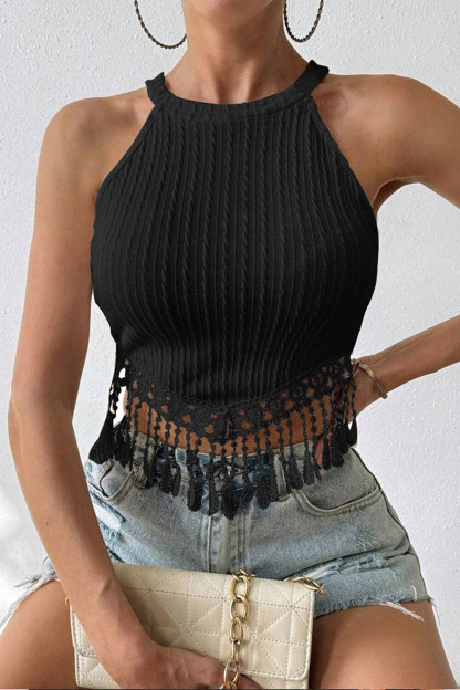 Round Neck Sleeveless Hollow Out Pattern Fringed Textured Crop Top-White