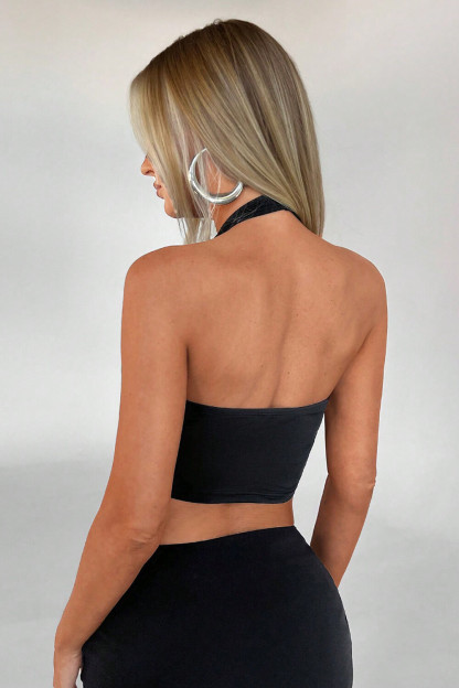 Plunge Neck Metal Decor Halter Slit Crop Top-Black