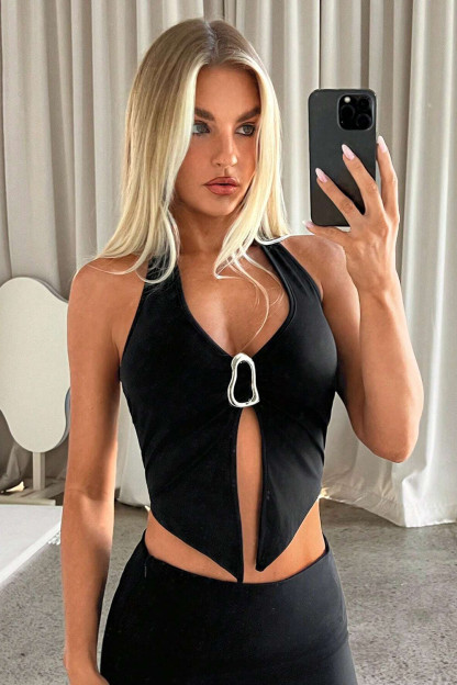 Plunge Neck Metal Decor Halter Slit Crop Top-Black
