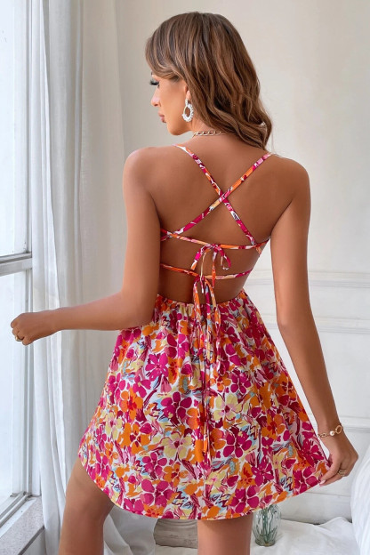 Floral Print Boat Neckline Cinch Waist Tie Up Backless Slip Mini Dresses-Pink
