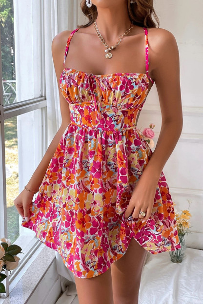 Floral Print Boat Neckline Cinch Waist Tie Up Backless Slip Mini Dresses-Pink