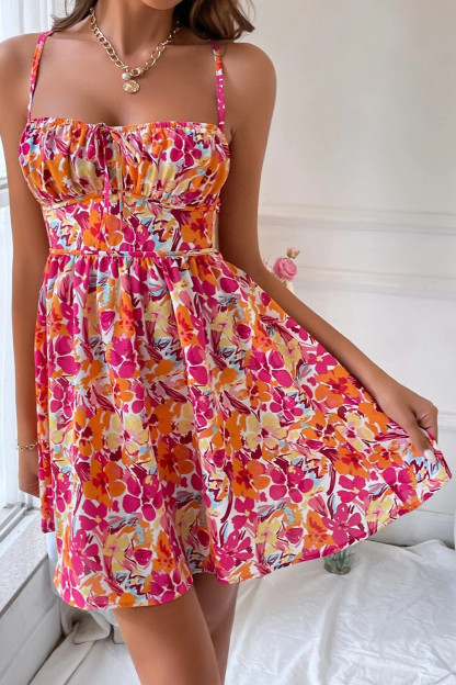 Floral Print Boat Neckline Cinch Waist Tie Up Backless Slip Mini Dresses-Pink