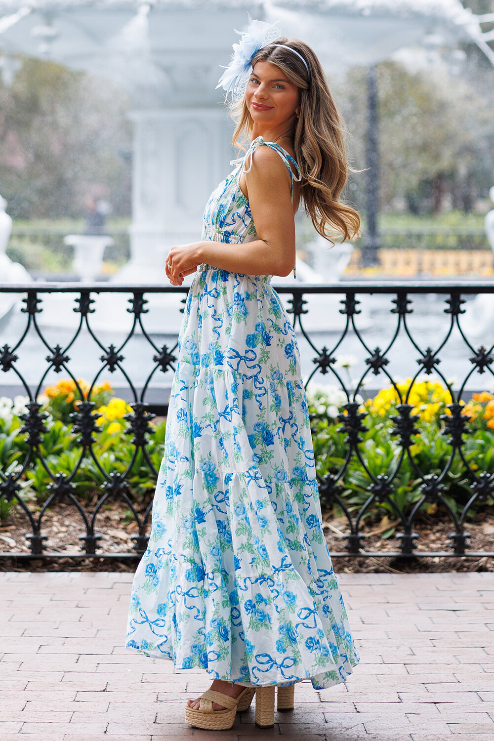 Floral Print Tie Up Shoulder Straps A-Line Maxi Dresses-Blue [Pre Order]