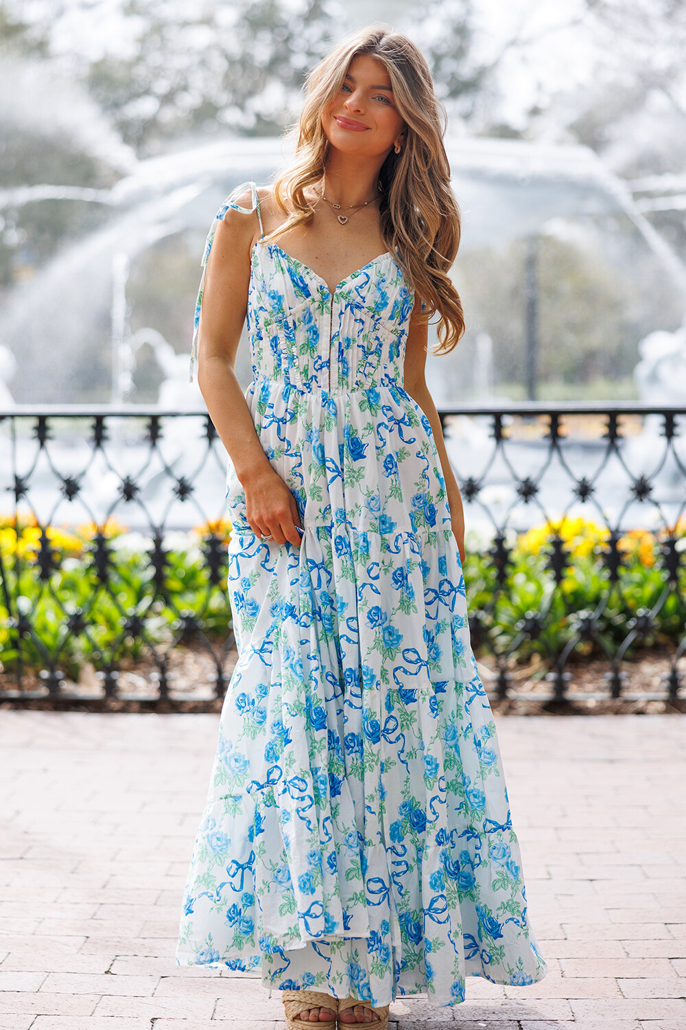Floral Print Tie Up Shoulder Straps A-Line Maxi Dresses-Blue [Pre Order]
