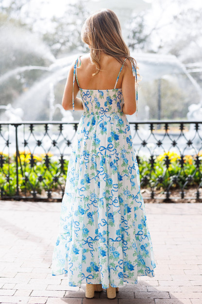 Floral Print Tie Up Shoulder Straps A-Line Maxi Dresses-Blue [Pre Order]