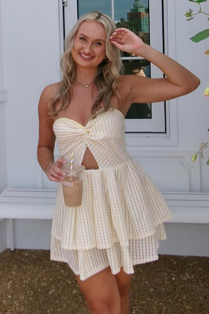 Gingham Pattern Twisted Strapless Cutout Tiered Mini Dresses-Beige [Pre Order]