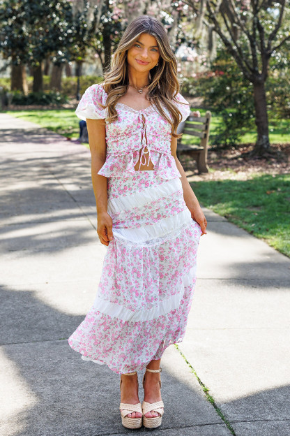 Ditsy Floral Print Tie Up Crop Top Ruched Maxi Skirt 2pcs Set-Pink [Pre Order]