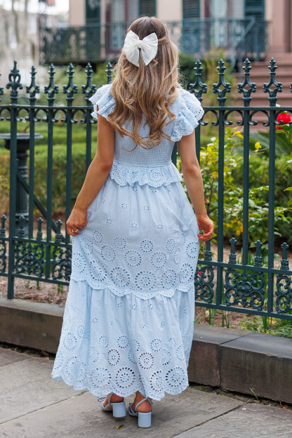 Eyelet Pattern Flutter Sleeve Ruffled A-Line Maxi Dresses-Blue [Pre Order]