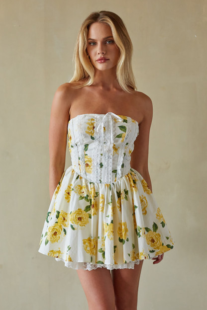 Floral Print Strapless Lace Trim Cinch Waist Mini Dresses-Yellow [Pre Order]