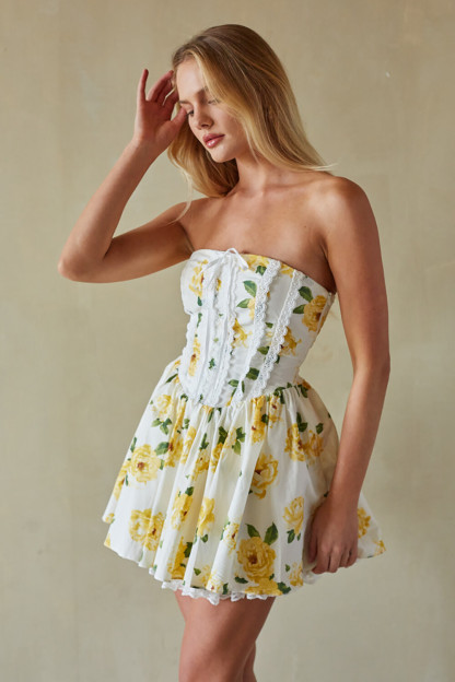 Floral Print Strapless Lace Trim Cinch Waist Mini Dresses-Yellow [Pre Order]