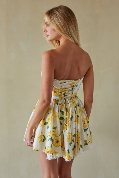 Floral Print Strapless Lace Trim Cinch Waist Mini Dresses-Yellow [Pre Order]