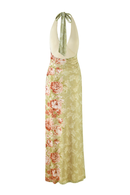 Plunge Neck Floral Print Ruffled Slit Halter Maxi Dresses-Green [Pre Order]