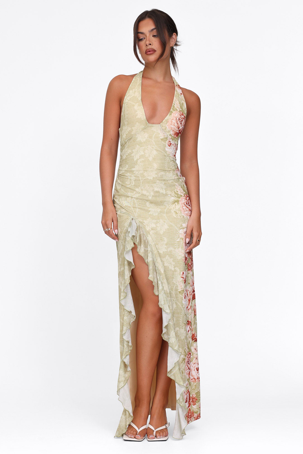 Plunge Neck Floral Print Ruffled Slit Halter Maxi Dresses-Green [Pre Order]
