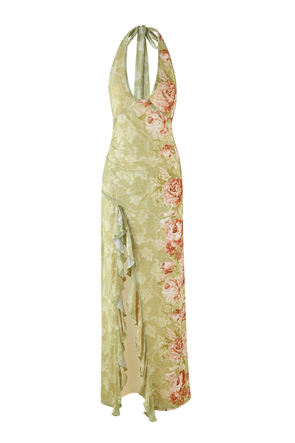 Plunge Neck Floral Print Ruffled Slit Halter Maxi Dresses-Green [Pre Order]