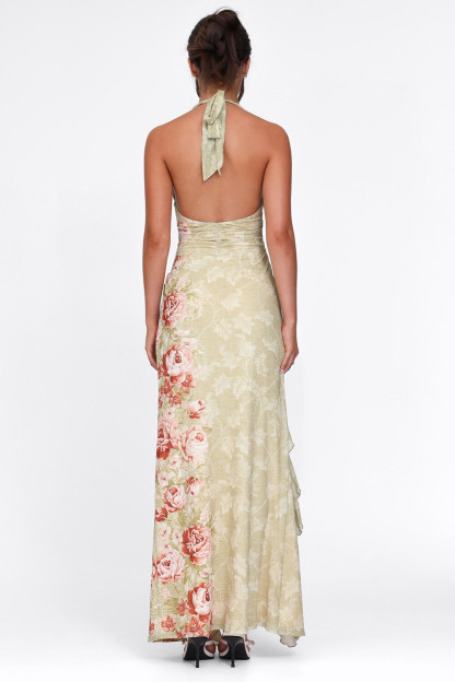 Plunge Neck Floral Print Ruffled Slit Halter Maxi Dresses-Green [Pre Order]