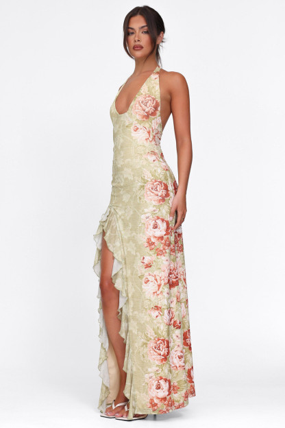 Plunge Neck Floral Print Ruffled Slit Halter Maxi Dresses-Green [Pre Order]