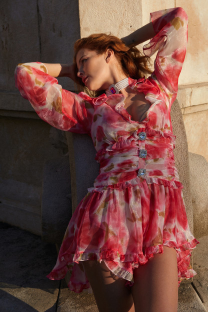 V Neck Long Sleeve Floral Print Frilled Mini Dresses-Red [Pre Order]
