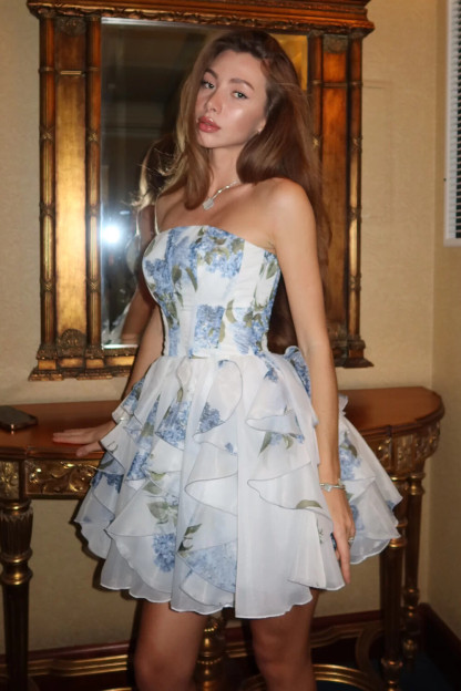 Strapless Floral Print Cinch Waist Ruffled Mini Dresses-White [Pre Order]