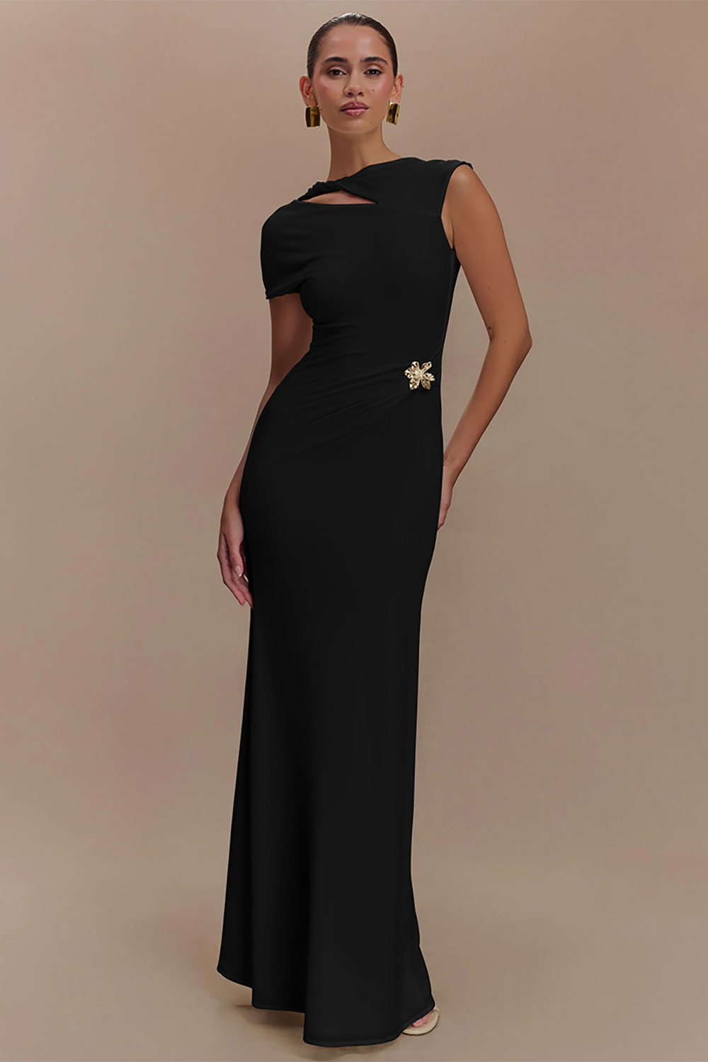 Cutout Short Sleeve Floral Hardware Slim Fit Backless Maxi Dresses-Orange