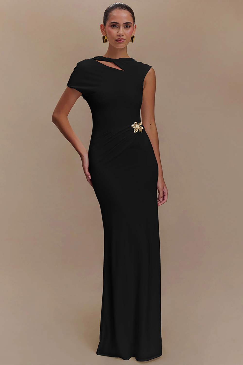 Cutout Short Sleeve Floral Hardware Slim Fit Backless Maxi Dresses-Orange