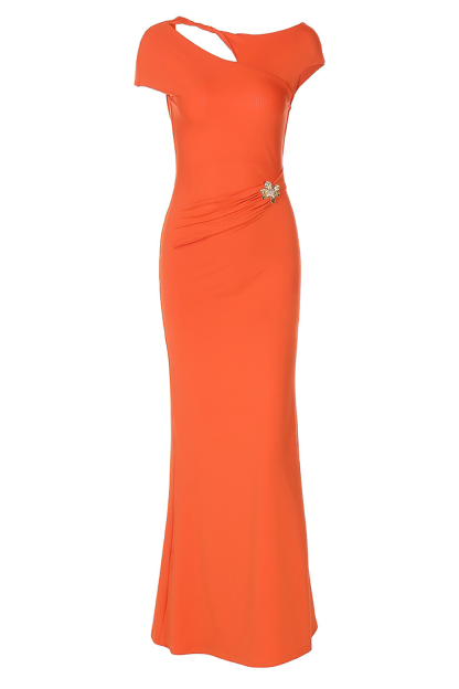 Cutout Short Sleeve Floral Hardware Slim Fit Backless Maxi Dresses-Orange