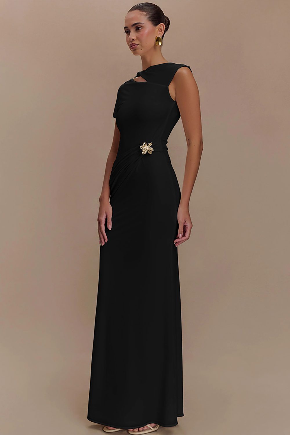 Cutout Short Sleeve Floral Hardware Slim Fit Backless Maxi Dresses-Orange