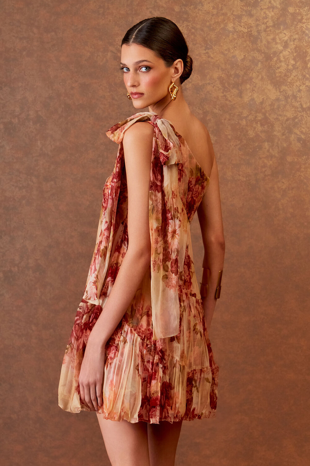 One Shoulder Floral Print Pleated Mini Dresses-Yellow [Pre Order]